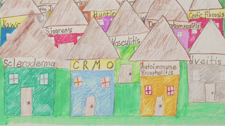 child's drawing of houses with rare disease names on them